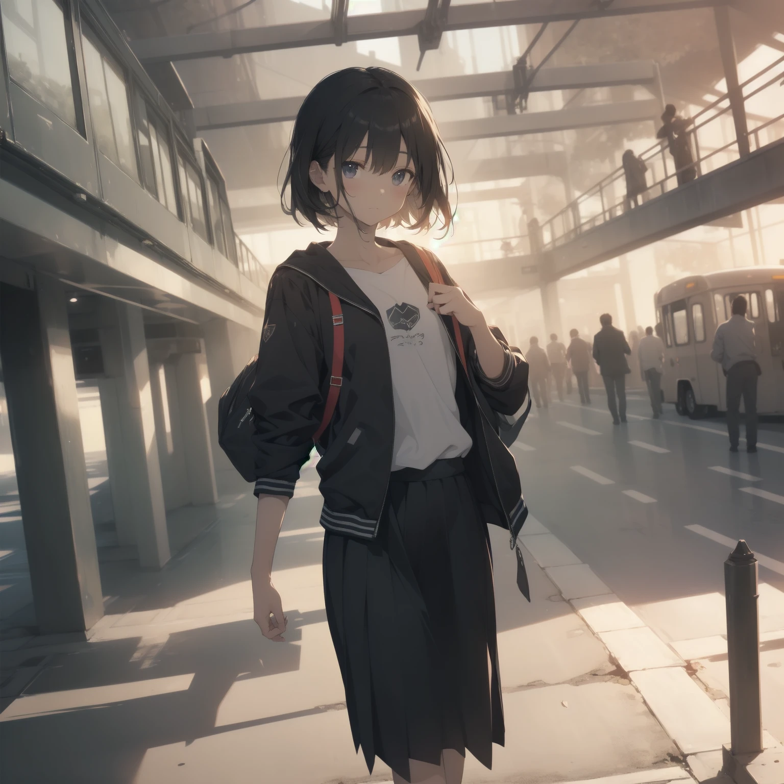 ultra-absurdres-Top quality by artist God, ultra-detailed, high resolution, anime moe artstyle, best anime 8k konachan wallpaper, pixiv contest winner, pool:2810, perfect anatomy,break, 1girl, (Please draw a girl walking sleepily to school alone. )break,(Solo,little female, 13-year-old:1.3),Full limbs, complete fingers,a junior high school student, (very short hair), short cut, flat chest, , small butt, small black eyes, beautiful detailed eyes, well-proportioned iris and pupils, expressive eyes, highres detailed hair, soft expression, salor school_uniform, sailor collar, serahuku, bow, pleated skirt,(Detailed Lighting), (Detailed background), in the School commute route. break,super detailed skin, Best cinematic lighting powered by famous artist, 8k,beauty illustration,photoshop_(medium),very aesthetic,break,((artist:kotorai )), artist:clamp ,artist:carnelian ,artist:kantoku ,