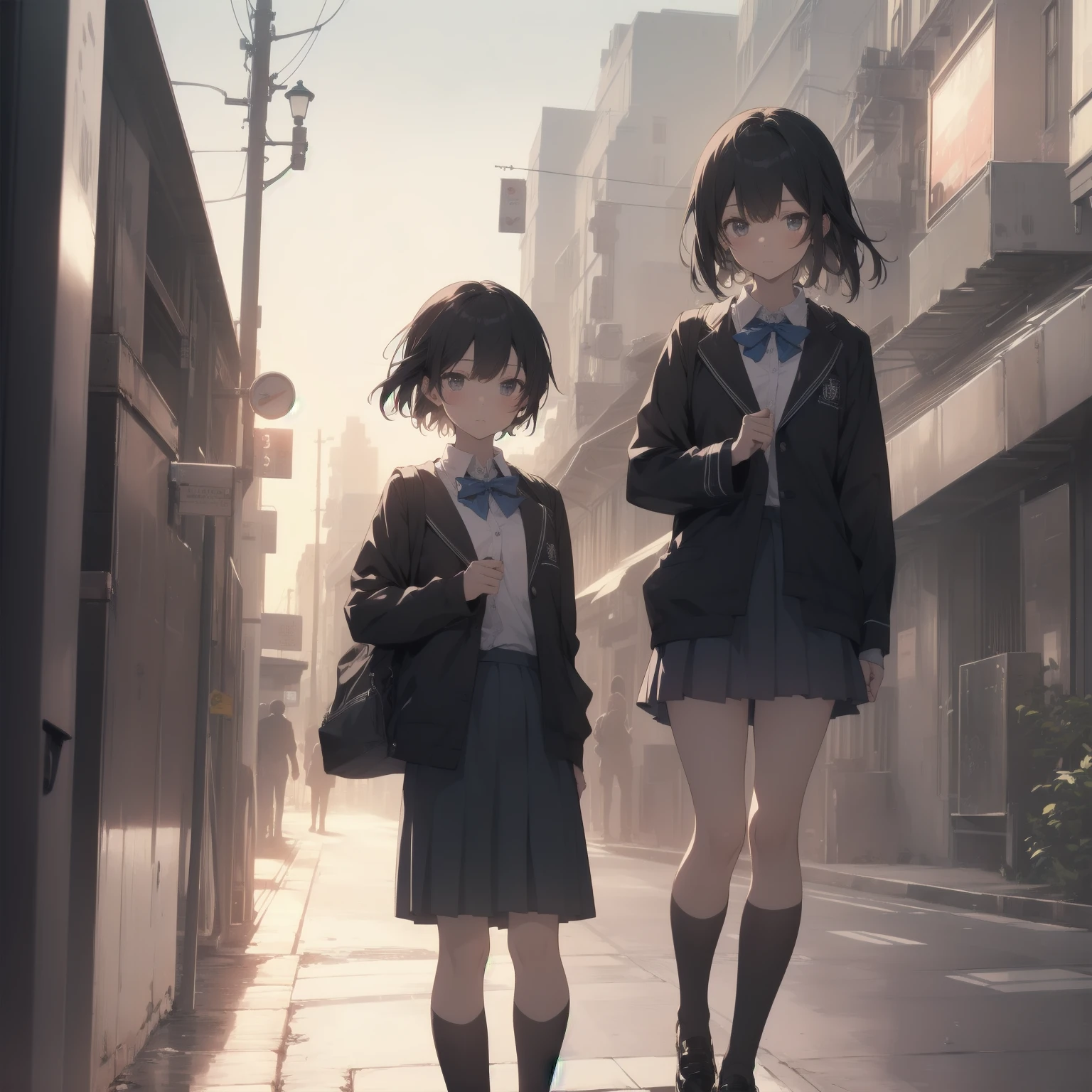 ultra-absurdres-Top quality by artist God, ultra-detailed, high resolution, anime moe artstyle, best anime 8k konachan wallpaper, pixiv contest winner, pool:2810, perfect anatomy,break, 1girl, (Please draw a girl walking sleepily to school alone. )break,(Solo,little female, 13-year-old:1.3),Full limbs, complete fingers,a junior high school student, (very short hair), short cut, flat chest, , small butt, small black eyes, beautiful detailed eyes, well-proportioned iris and pupils, expressive eyes, highres detailed hair, soft expression, salor school_uniform, sailor collar, serahuku, bow, pleated skirt,(Detailed Lighting), (Detailed background), in the School commute route. break,super detailed skin, Best cinematic lighting powered by famous artist, 8k,beauty illustration,photoshop_(medium),very aesthetic,break,((artist:kotorai )), artist:clamp ,artist:carnelian ,artist:kantoku ,