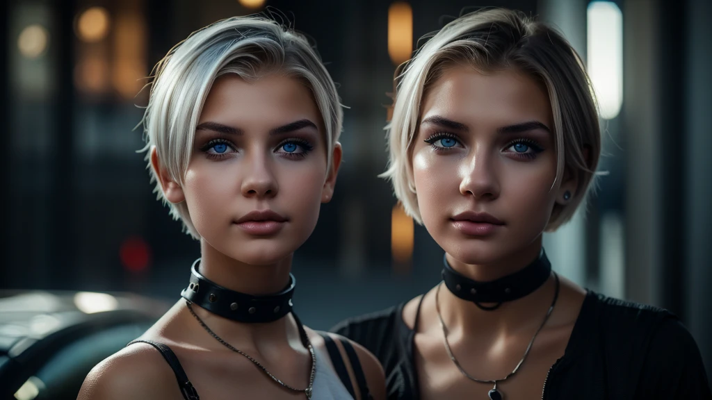Young girl, white short hair, blue eyes, full lips, highly realistic, Excellent rendering, 4k realistic eyes, realistic face, symmetrical head ai cyberpunk