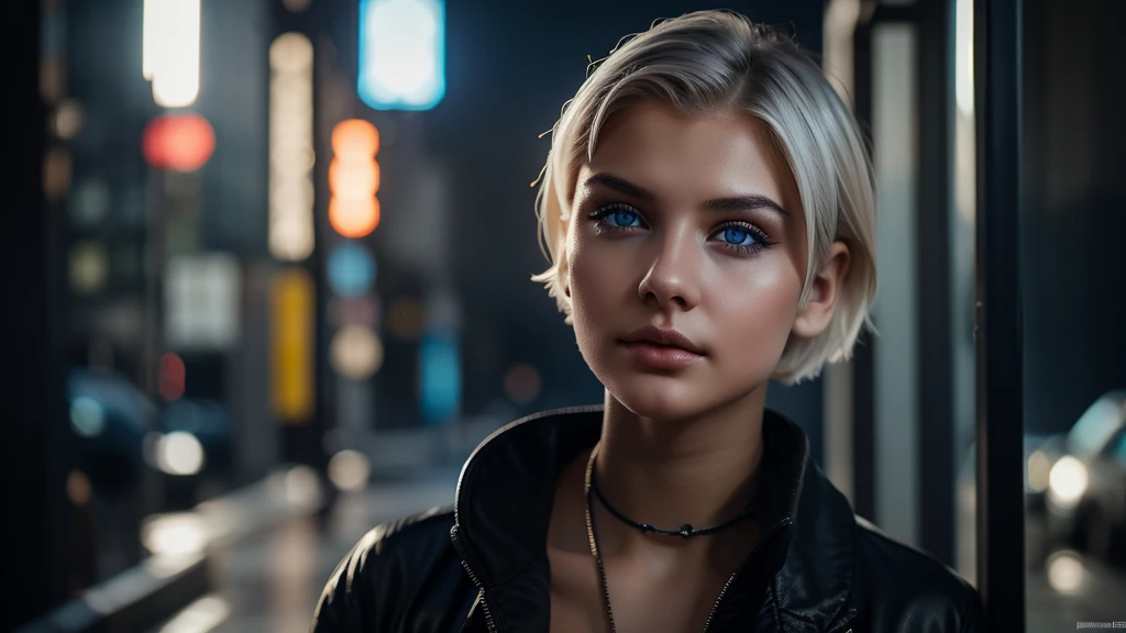 Young girl, white short hair, blue eyes, full lips, highly realistic, Excellent rendering, 4k realistic eyes, realistic face, symmetrical head ai cyberpunk