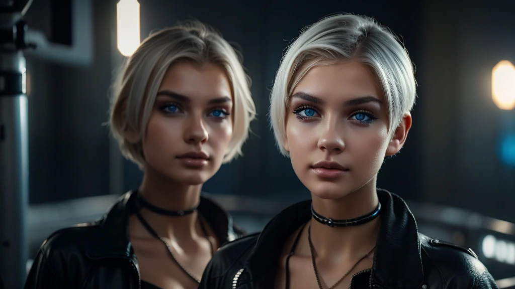 Young girl, white short hair, blue eyes, full lips, highly realistic, Excellent rendering, 4k realistic eyes, realistic face, symmetrical head ai cyberpunk