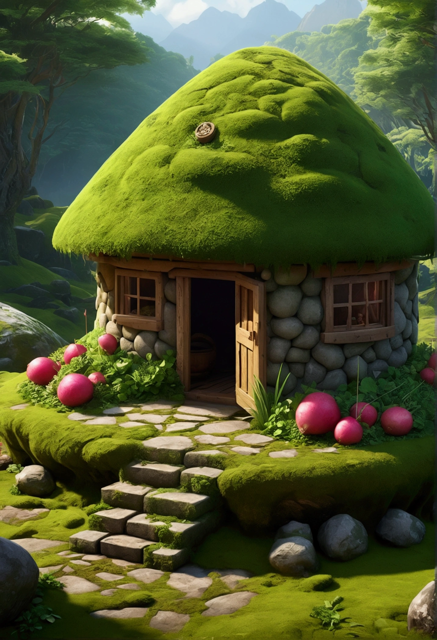 masterpiece, Highest quality, (Very detailed CG unity 8k wallpaper), (Highest quality), (Best illustrations), (Best Shadow), A round radish hut covered with moss, Isometric 3D , Octane Rendering, Ray Tracing, Very detailed