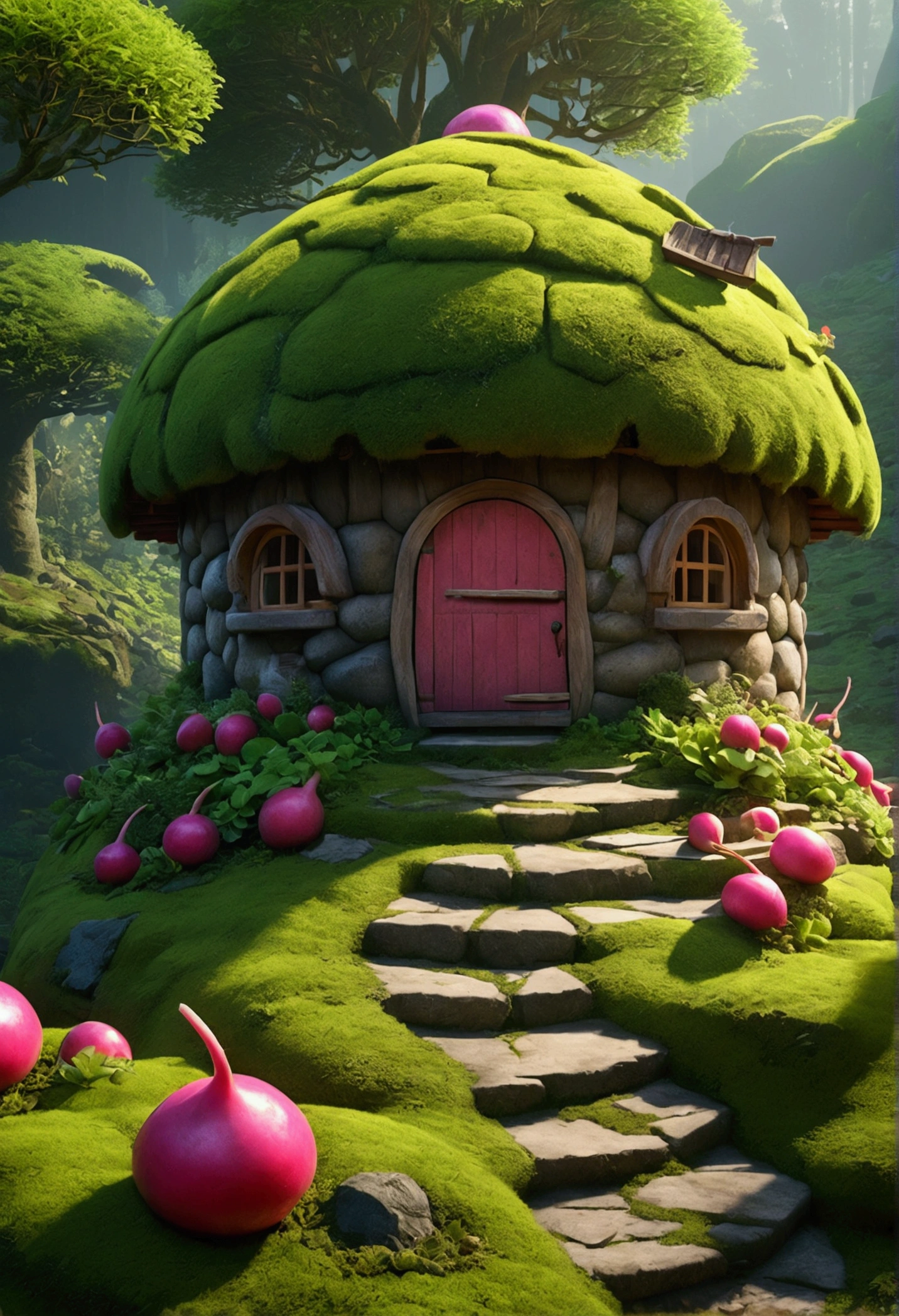 masterpiece, Highest quality, (Very detailed CG unity 8k wallpaper), (Highest quality), (Best illustrations), (Best Shadow), A round radish hut covered with moss, Isometric 3D , Octane Rendering, Ray Tracing, Very detailed