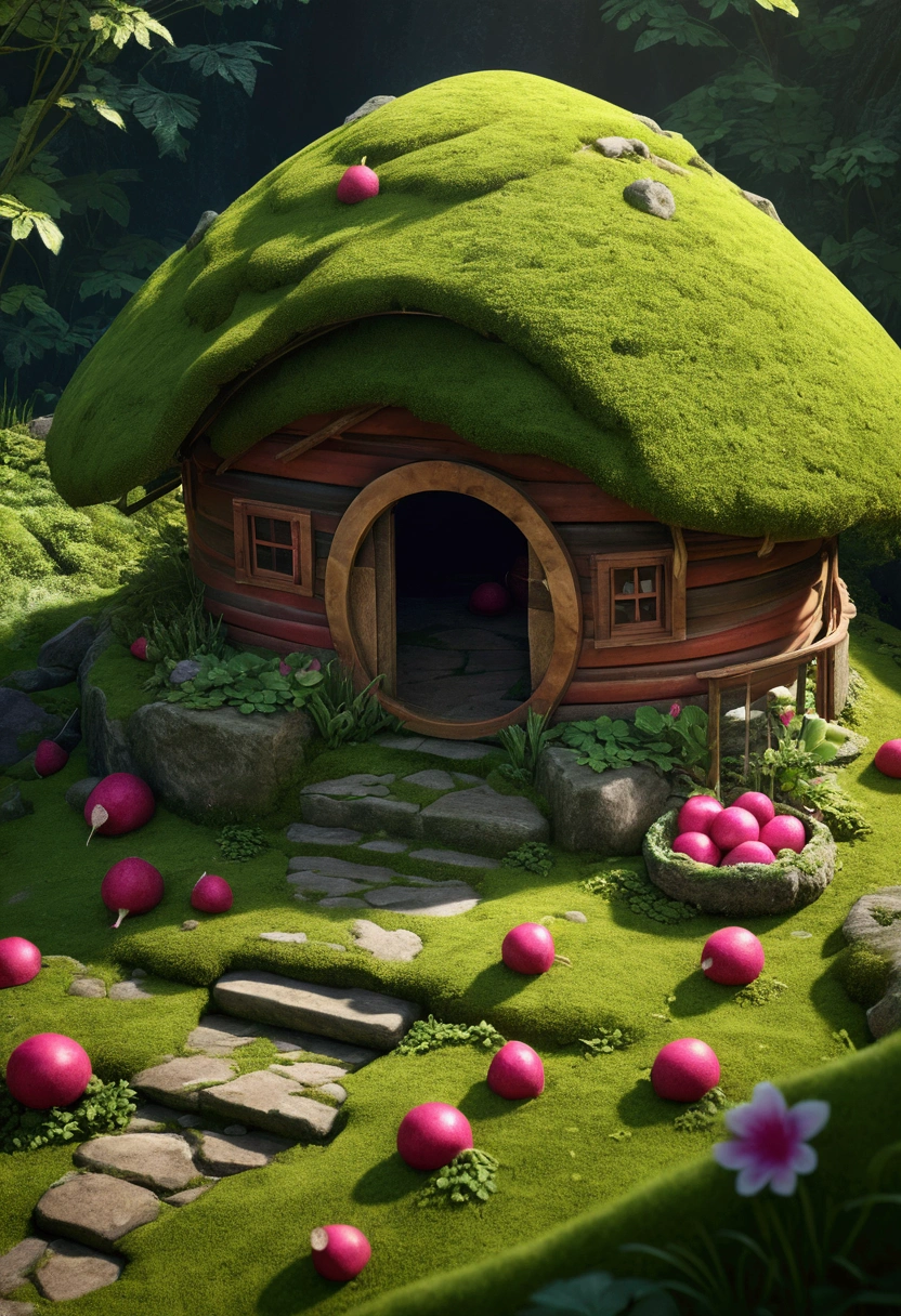 masterpiece, Highest quality, (Very detailed CG unity 8k wallpaper), (Highest quality), (Best illustrations), (Best Shadow), A round radish hut covered with moss, Isometric 3D , Octane Rendering, Ray Tracing, Very detailed