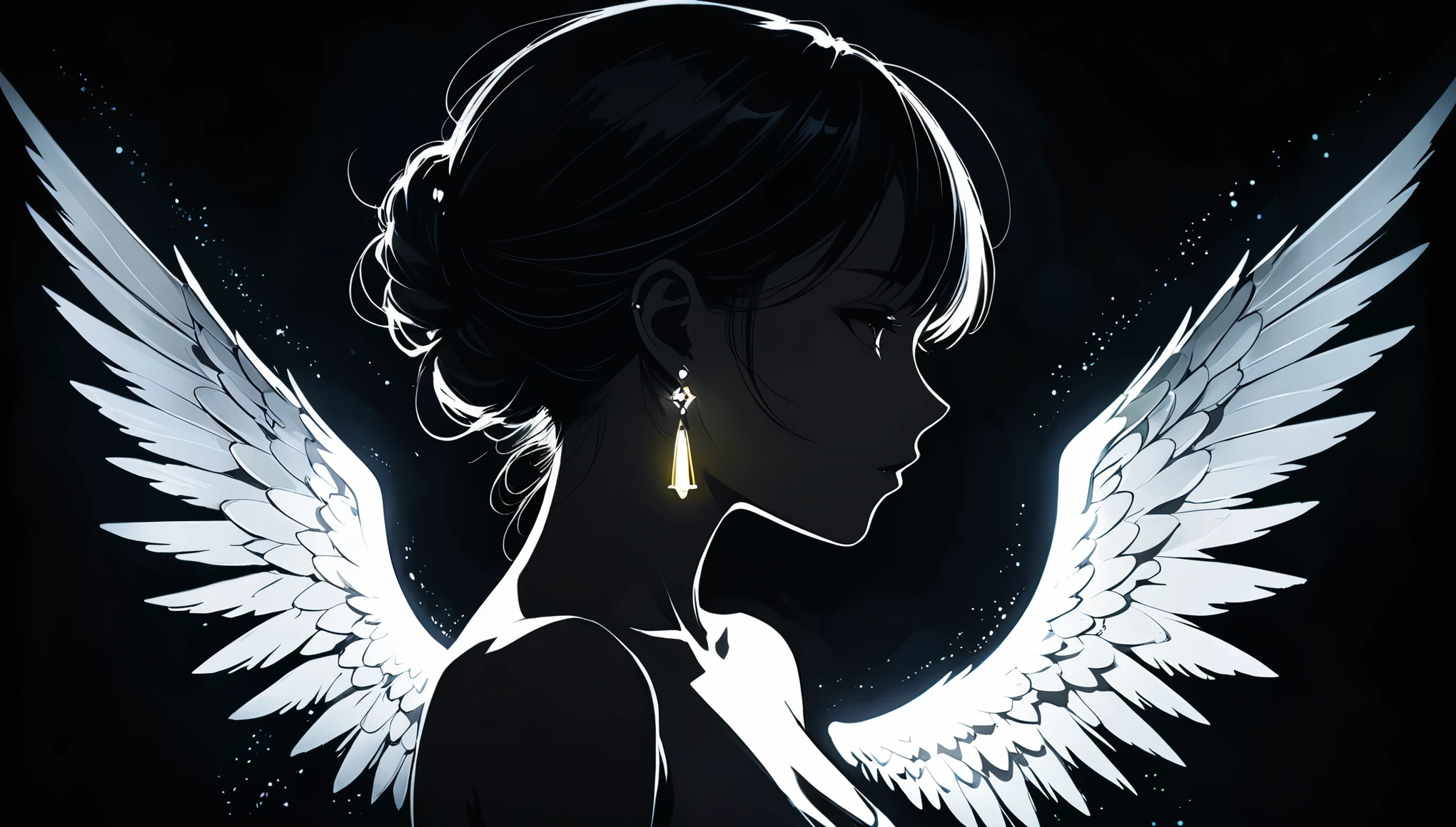 in style of Ashley Wood,in style of by Liu Ye,(in style of Santiago Caruso:0.9),
1girl,darkness,totally dark,in the incomprehensible gloom,1 girl,
(earrings emit intense bright light to break the darkness:1.3),faint lights,dark tones,absolutely dark glow,black_background,(obscured light:1.2),medium_shot,(the glow of the earrings illuminates the face collarbones and shoulders:1.1),(a strong contrast between light and darkness:1.2),from_side,light painting,lightline,anime illustration style,(light painted wings:1.3),light paints ear wings,silhouette,blurry,dithering,