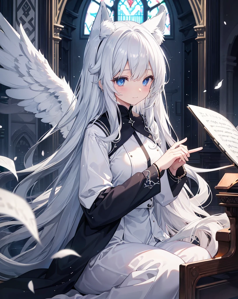 Very long hair、Silver Hair、Detailed sparkly eyes、Blue eyes、Three pairs of angel wings、Embarrassing、Nervous smile、shine、reflected light、Film Grain、masterpiece、Textured Skin、Super Detail、High Detail、high quality、最high quality、High Resolution、16K、shine、Monastic Clothes、Nuns、church、Stained glass. ((neko ears)), ((silver fox tail)), she's playing the piano while lots of white and black feather are falling from the sky. HDR, lots of light effects and lightflare.