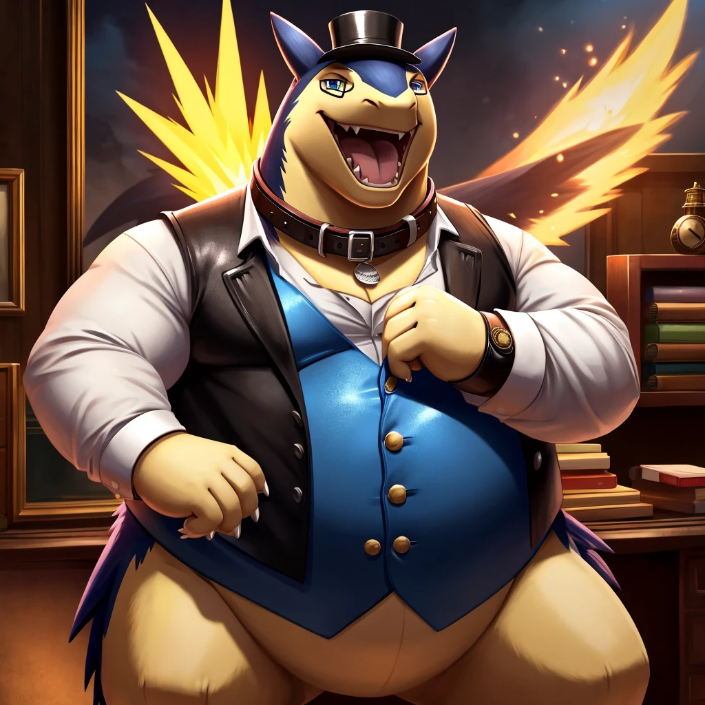 Solo, Male, fat, extremely obese, gentleman, dapper Professor Typhlosion, steampunk, blue eyes, (posing:1.3), (soft shading), 4k, hi res, ((detailed face, detailed)), looking at viewer, mouth wide open, evil laugh, dapper clothing, collared shirt with buttons, top hat, male focus, Explorer Outfit, glasses, monocle, vest with buttons, sleeves rolled up, round eyewear, brown headwear, brown vest, office, Typhlosion is wearing a glossy leather dog collar around the neck, Typhlosion is wearing the leather collar and shirt and vest at the same time, Typhlosion is wearing glossy white rubber gloves on the hands, wearing white rubber gloves on the feet, gloves are rubber in texture, clenching fists, leather collar is glossy and shiny with a lot of detail, Typhlosion is wearing gloves and leather collar at the same time, leather collar has a round dog-tag, leather collar is thick and detailed, leather collar is glossy and shiny, fancy clothing, dapper vest, dapper shirt, leather collar is thick, glossy leather collar.
