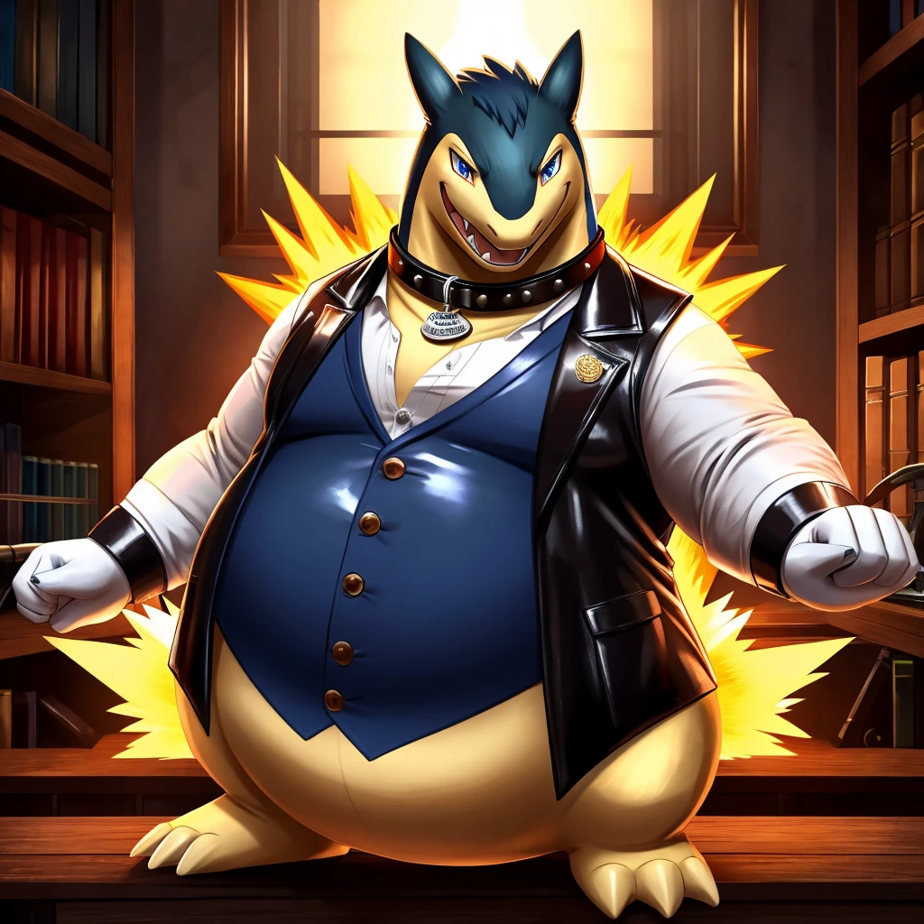 Solo, Male, fat, extremely obese, gentleman, dapper Professor Typhlosion, steampunk, blue eyes, (posing:1.3), (soft shading), 4k, hi res, ((detailed face, detailed)), looking at viewer, mouth wide open, evil laugh, dapper clothing, collared shirt with buttons, top hat, male focus, Explorer Outfit, glasses, monocle, vest with buttons, sleeves rolled up, round eyewear, brown headwear, brown vest, office, Typhlosion is wearing a glossy leather dog collar around the neck, Typhlosion is wearing the leather collar and shirt and vest at the same time, Typhlosion is wearing glossy white rubber gloves on the hands, wearing white rubber gloves on the feet, gloves are rubber in texture, clenching fists, leather collar is glossy and shiny with a lot of detail, Typhlosion is wearing gloves and leather collar at the same time, leather collar has a round dog-tag, leather collar is thick and detailed, leather collar is glossy and shiny, fancy clothing, dapper vest, dapper shirt, leather collar is thick, glossy leather collar.