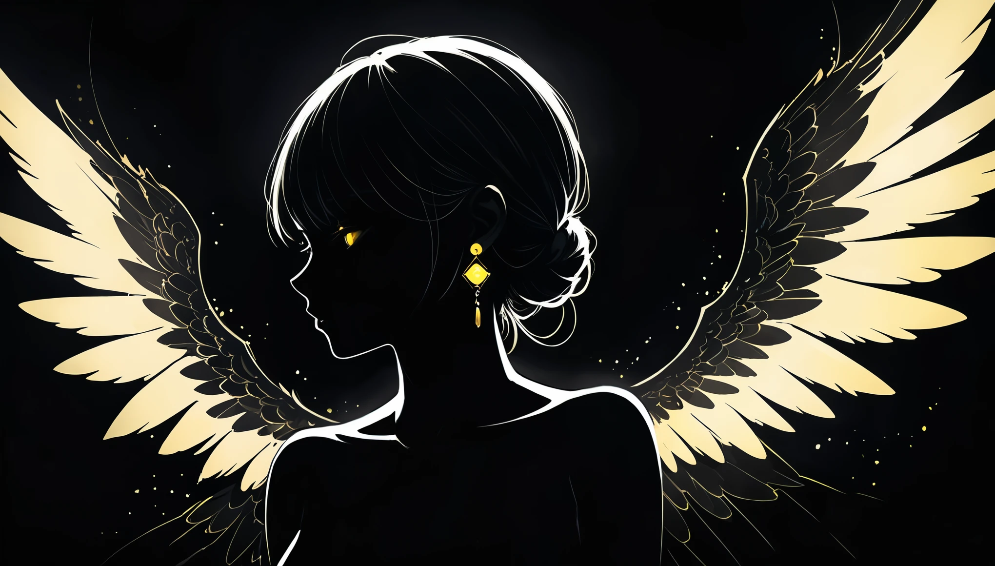 in style of Ashley Wood,in style of by Liu Ye,(in style of Santiago Caruso:0.9),
1girl,darkness,totally dark,in the incomprehensible gloom,1 girl,
(earrings emit intense bright light to break the darkness:1.3),faint lights,dark tones,absolutely dark glow,black_background,(obscured light:1.2),medium_shot,(the glow of the earrings illuminates the face collarbones and shoulders:1.1),(a strong contrast between light and darkness:1.2),from_side,light painting,lightline,anime illustration style,(light painted wings:1.3),light paints ear wings,silhouette,blurry,dithering,