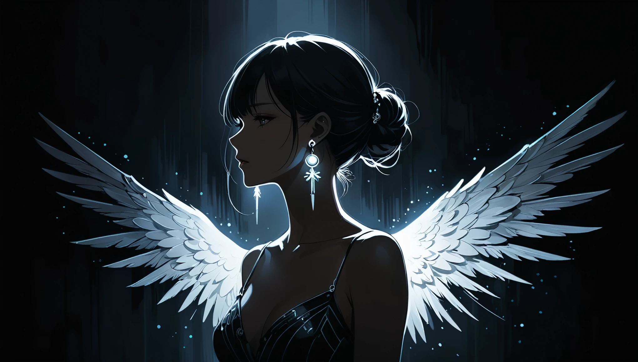 in style of Ashley Wood,in style of by Liu Ye,(in style of Santiago Caruso:0.9),
1girl,darkness,totally dark,in the incomprehensible gloom,1 girl,
(earrings emit intense bright light to break the darkness:1.3),faint lights,dark tones,absolutely dark glow,black_background,(obscured light:1.2),medium_shot,(the glow of the earrings illuminates the face collarbones and shoulders:1.1),(a strong contrast between light and darkness:1.2),from_side,light painting,lightline,anime illustration style,(light painted wings:1.3),light paints ear wings,silhouette,blurry,dithering,