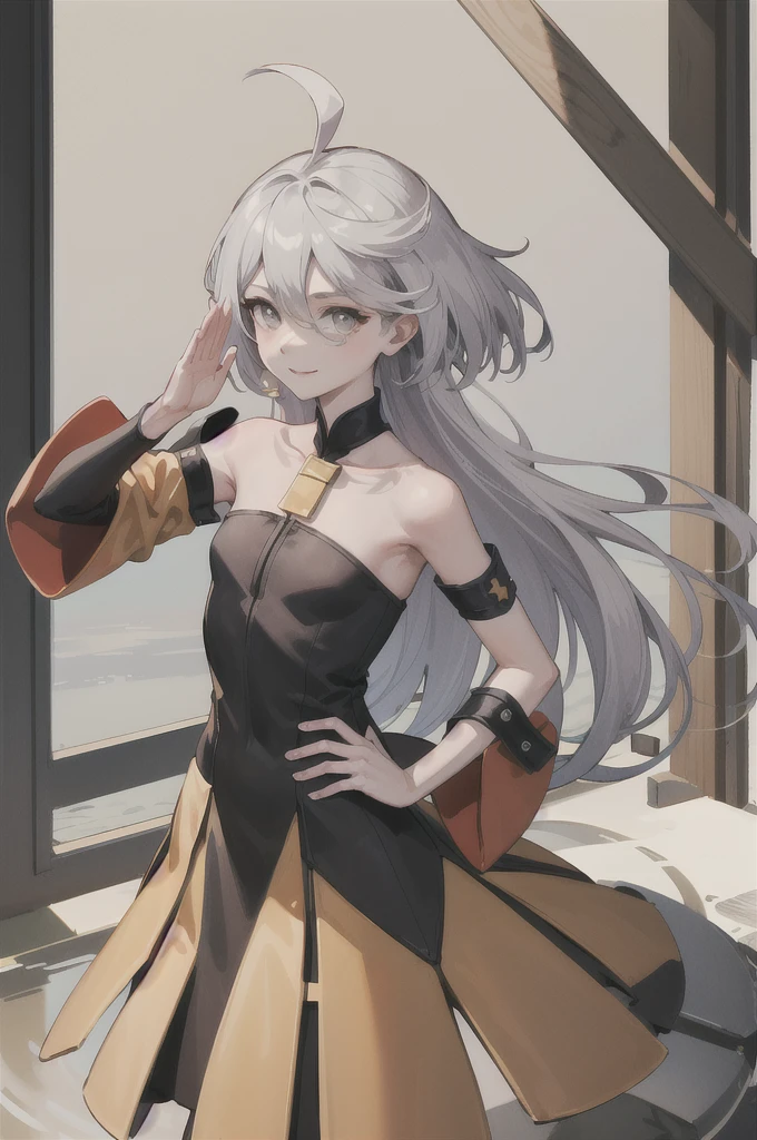 masterpiece, Highest quality, High resolution, Urine 1, Myolin Remblanc, Asticasia , alone, Long Hair, Grey Eyes, Grey Hair, Ahoge, bangs, Hair between the eyes, Black Pantyhose, Floating Hair, red medium chest, upper_body, (salute:1.1), Hands on hips, smile.naked、全naked