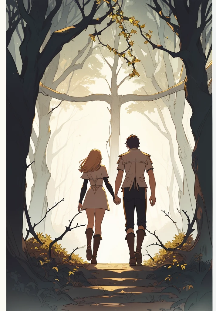 A man and a woman walking through the forest holding hands, Adam and Eve, wear animal skins, clothes, The Fall of Man, surrounded by thorns, artistic concept for a book cover