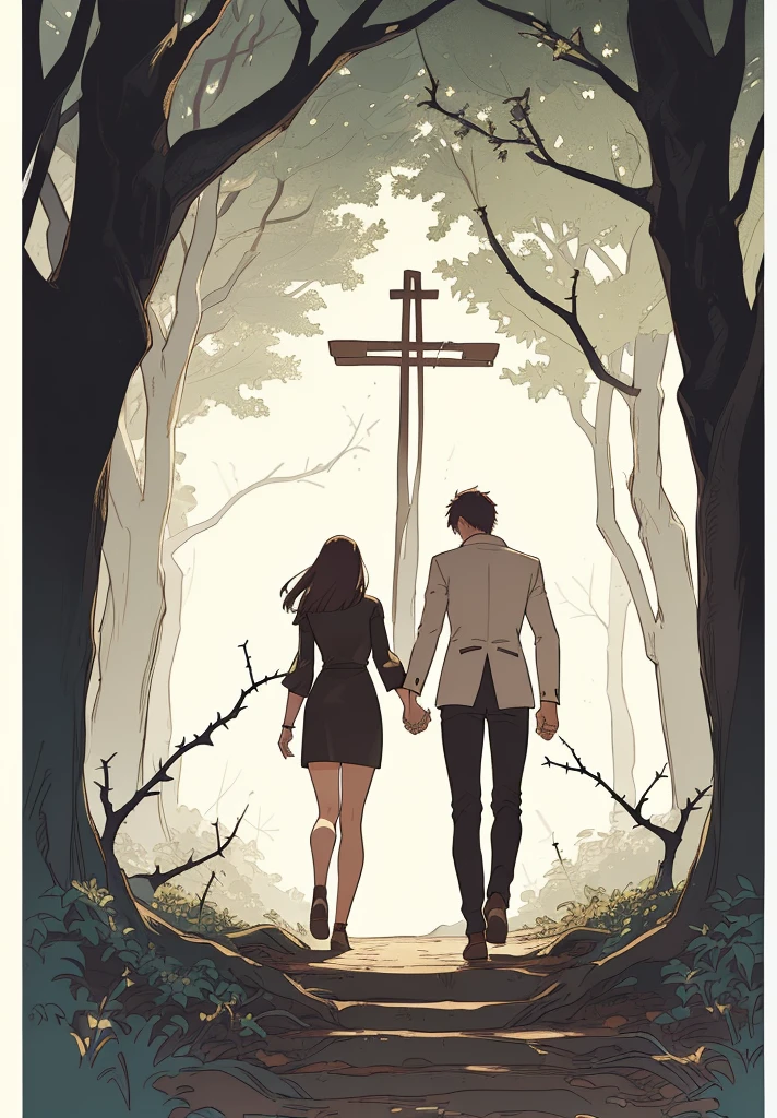 A man and a woman walking through the forest holding hands, Adam and Eve, wear animal skins, clothes, The Fall of Man, surrounded by thorns, artistic concept for a book cover