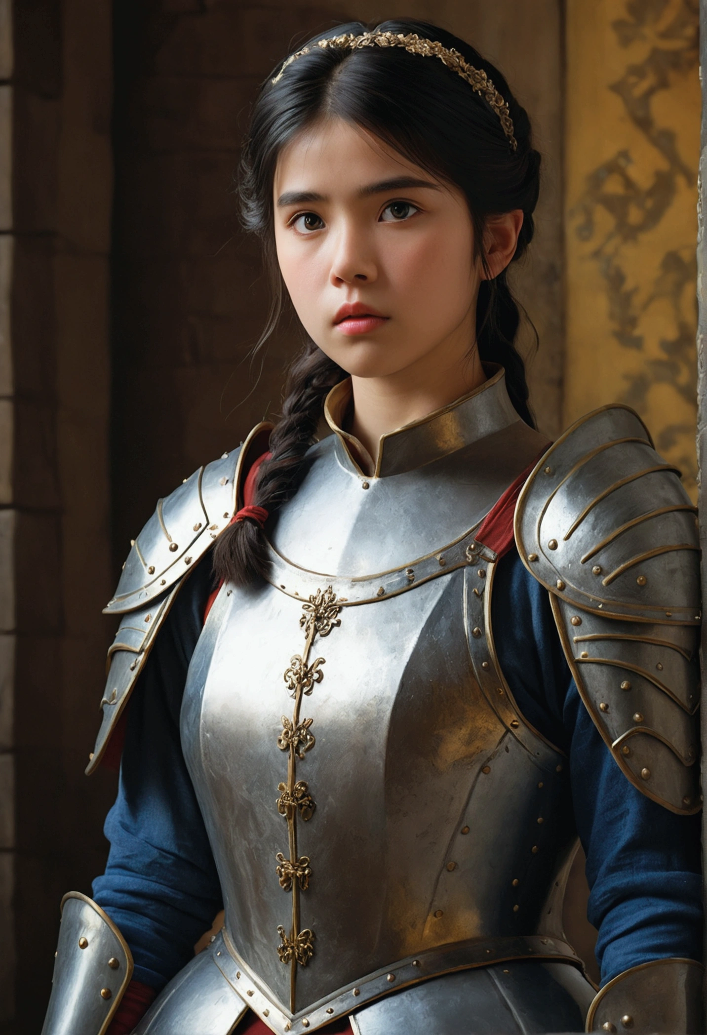 IU1, Serious expression, Model shooting style, (Highly detailed CG Unity 8k wallpaper), Full body photos of the most beautiful works of art in the world, Medieval Armor, Professional, majestic oil painting by Ed Blinky, Atey Gailan, Studio Ghibli, Jeremy Mann, Greg Manchess, Antonio Moro, Trending on Art Station, Trending on CGSociety, Complex, Attention to detail, Sharp focus, dramatic, Photorealistic paintings by Midjourney and Greg Rutkowski, Beautify your face,