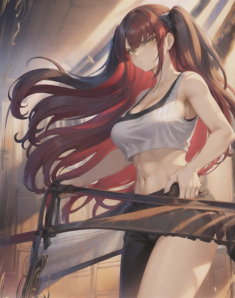 masterpiece, best quality 1girl, solo, beautiful woman, messy bangs, red hair, long hair, hair two side up by black bows , yellow eyes, angry, large breasts, toned stomach, white tank top, long black coat, figureless black gloves, black pants, fantasy looking at viewer,
