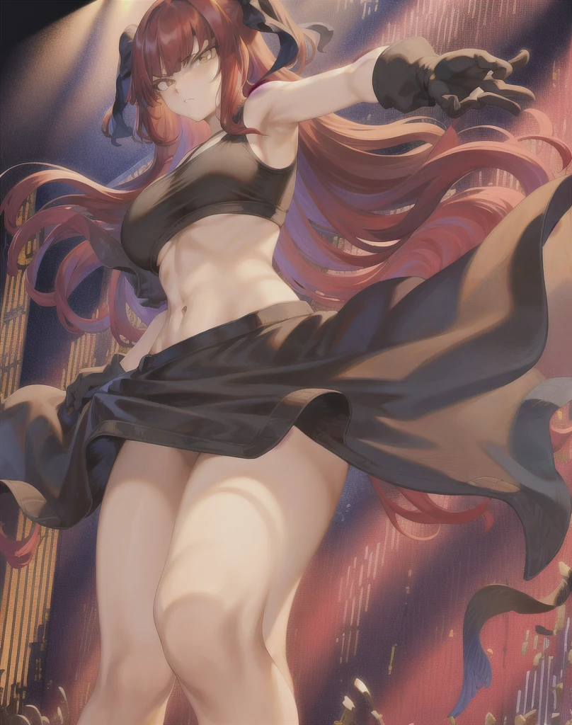 masterpiece, best quality 1girl, solo, beautiful woman, messy bangs, red hair, long hair, hair two side up by black bows , yellow eyes, angry, large breasts, toned stomach, white tank top, long black coat, figureless black gloves, black pants, fantasy looking at viewer,
