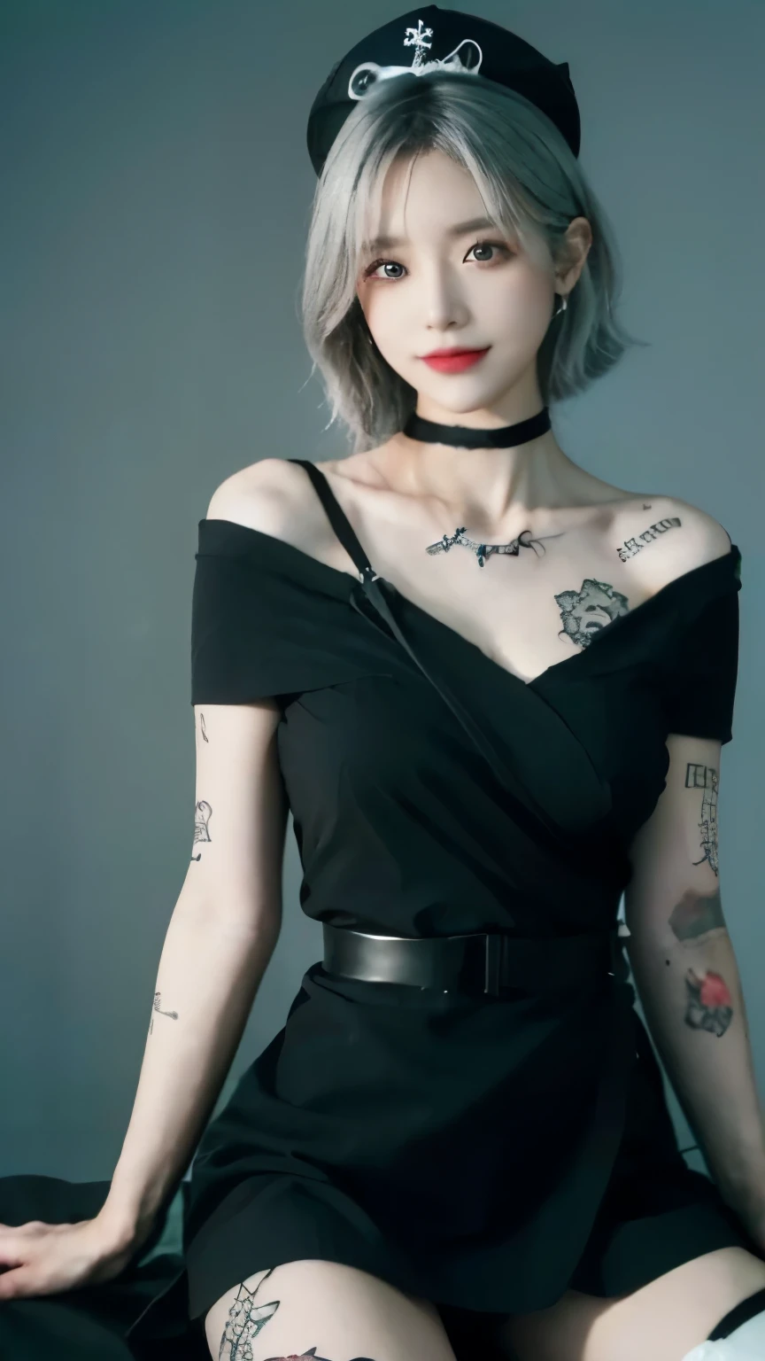 (best quality、8k、16,000、masterpiece、realistic、very detailed、Every detail is beautiful.、ray tracing)、picture、
Inside an abandoned hospital、
beautiful asian girl、A face like a Korean idol、20-year-old female model、((whole body))、(((Tattoo on the clavicle、My arm is bleeding)))、
(detailed face、golden ratio of beauty)、soft smile、detailed lips、detailed eyes、silver hair、bob hair、Idol style super cute face、
break (Black color theme:1.5), (all Black color:1.5), ((gothic lolita, Black color nurse costume):1.3), (Black color (nurse hat, Sling) with a cross print on his head:1.5), (fusion (short sleeve Black color collared-shirt with double breasted) and Black color mini wrap-skirt:1.4), (clavicle:1.4), (double breasted:1.4), (Black color choker with cross:1.3), ((intricately embroidered Black color lace, Black color ruffle trim):1.3), (Black color platform high boots:1.2),
break (white and Black color theme:1.2), (white cross symbol:1.3), (white bandages on arms and legs:1.4), (white button:1.2),
(Inappropriate smile、spot lights、dark background)