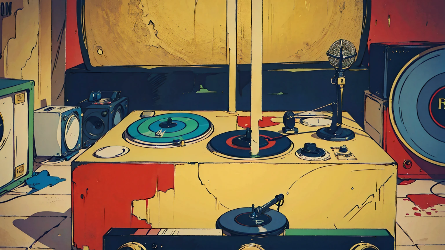 A vintage print that pays homage to the history of reggae, with spinning vinyl records, classic microphones, and retro elements reminiscent of the golden era of Jamaican music, all in a detailed composition that evokes nostalgia and authenticity.