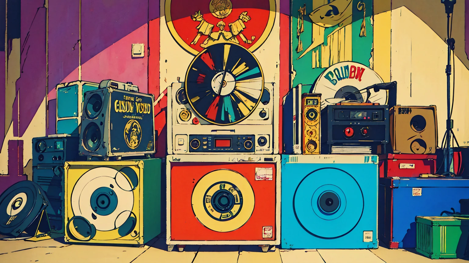 A vintage print that pays homage to the history of reggae, with spinning vinyl records, classic microphones, and retro elements reminiscent of the golden era of Jamaican music, all in a detailed composition that evokes nostalgia and authenticity.