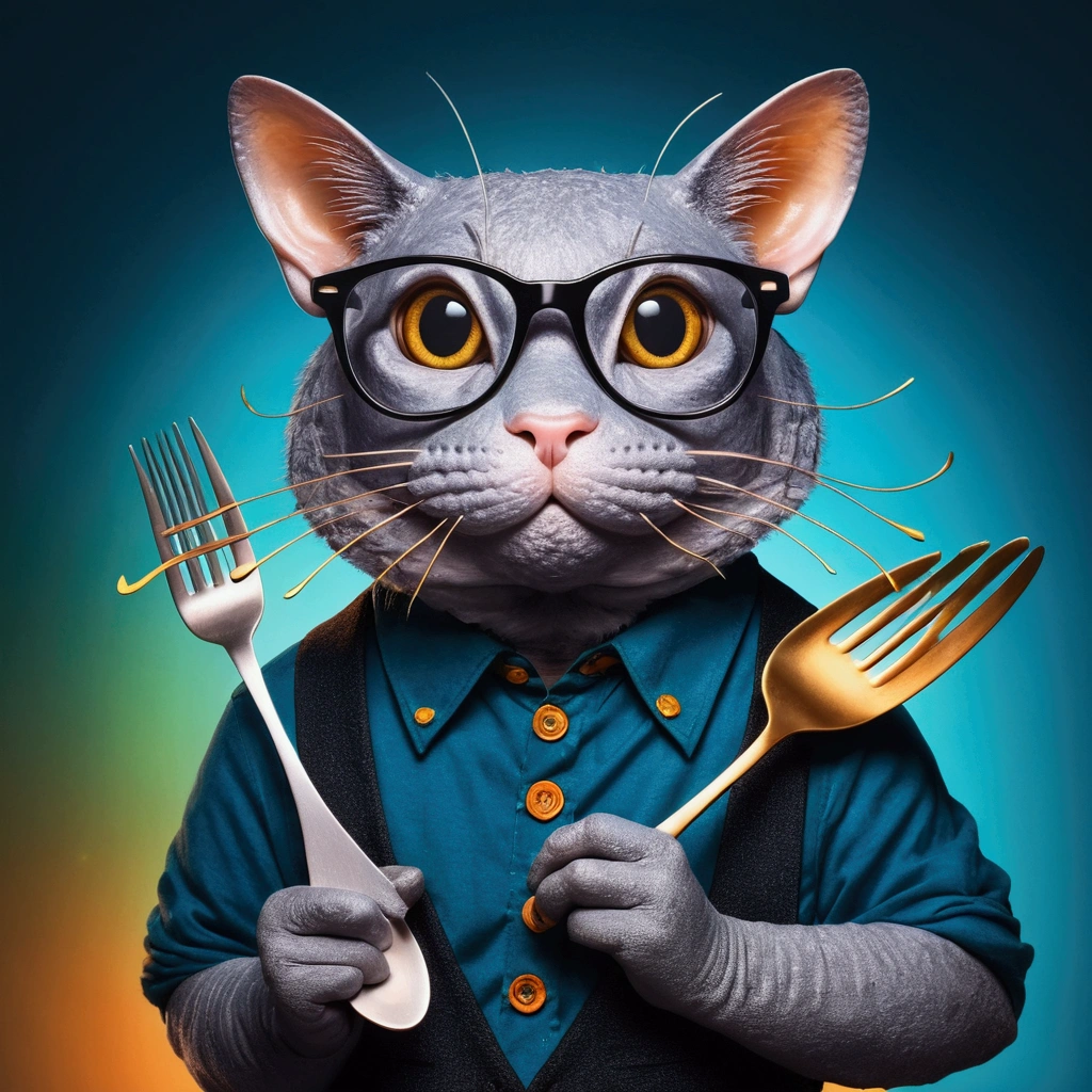 A CATFISH WEARING GLASSES AND HOLDING CUTLERY