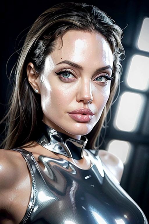 Close up Photograph of Angelina Jolie,(silver latex outfit: 1.3), shiny, highly detailed, realistic, beautiful lighting, beautiful eyes and hair