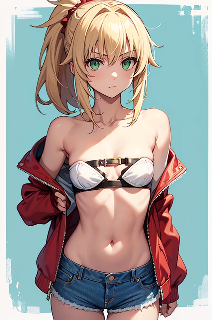 mordred (fate/apocrypha), shorts, blonde hair, navel, bandeau, jacket, looking at viewer, bare shoulders, breasts, denim shorts, denim, green eyes, off shoulder, small breasts, white background, simple background, red jacket, ponytail, bangs