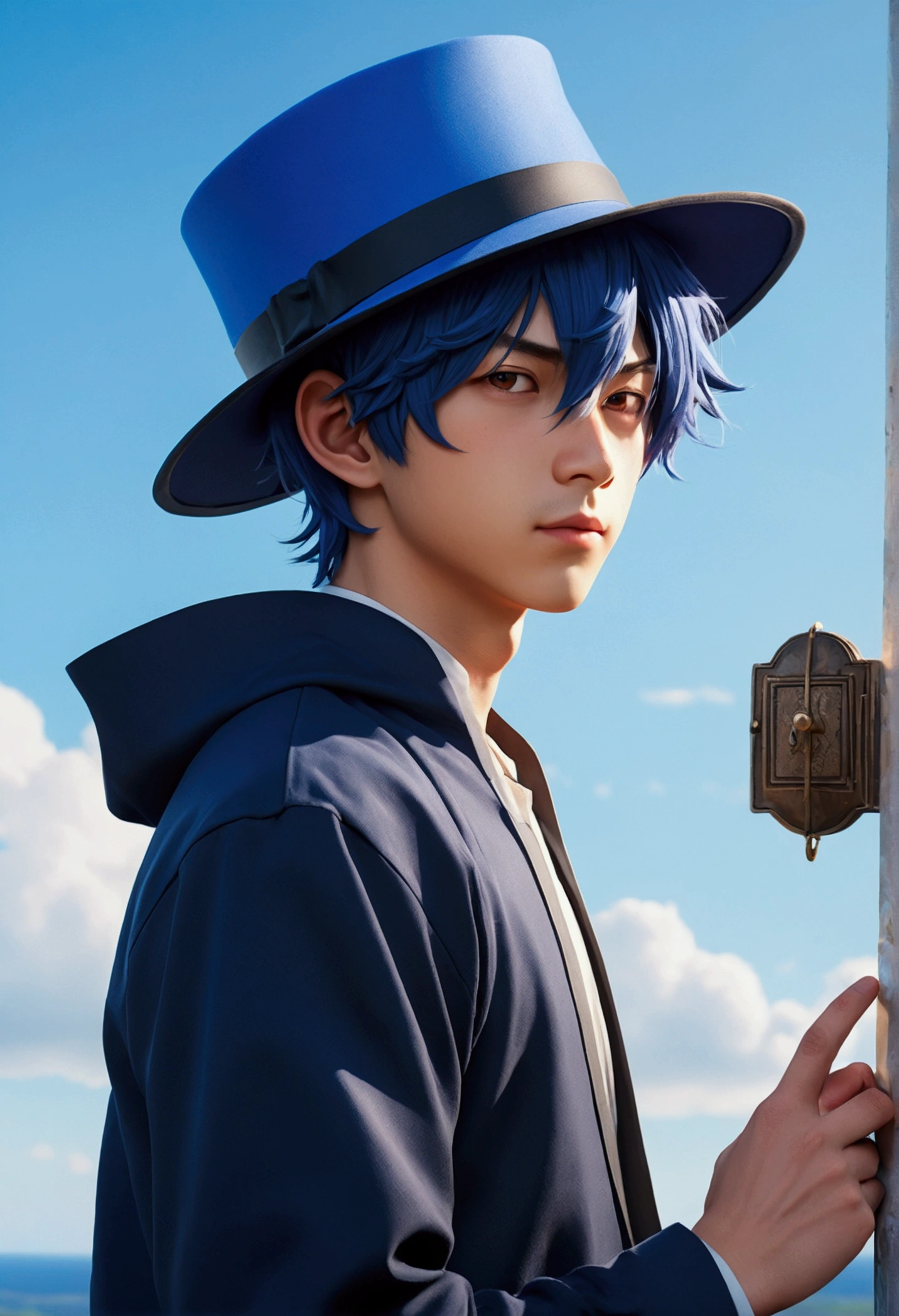 (masterpiece),(Highest quality:1.0), (Ultra-high resolution:1.0), Detailed illustrations, 8k, anime, masterpiece, He has a wide blue hat on his head, Detailed hat, Highest quality,(Unconventional persons:1.2), Letterbox, (Genshin Impact), One boy, Male Focus, alone, Best,(KBXLL-san:0.5), anime style, Vibrant
