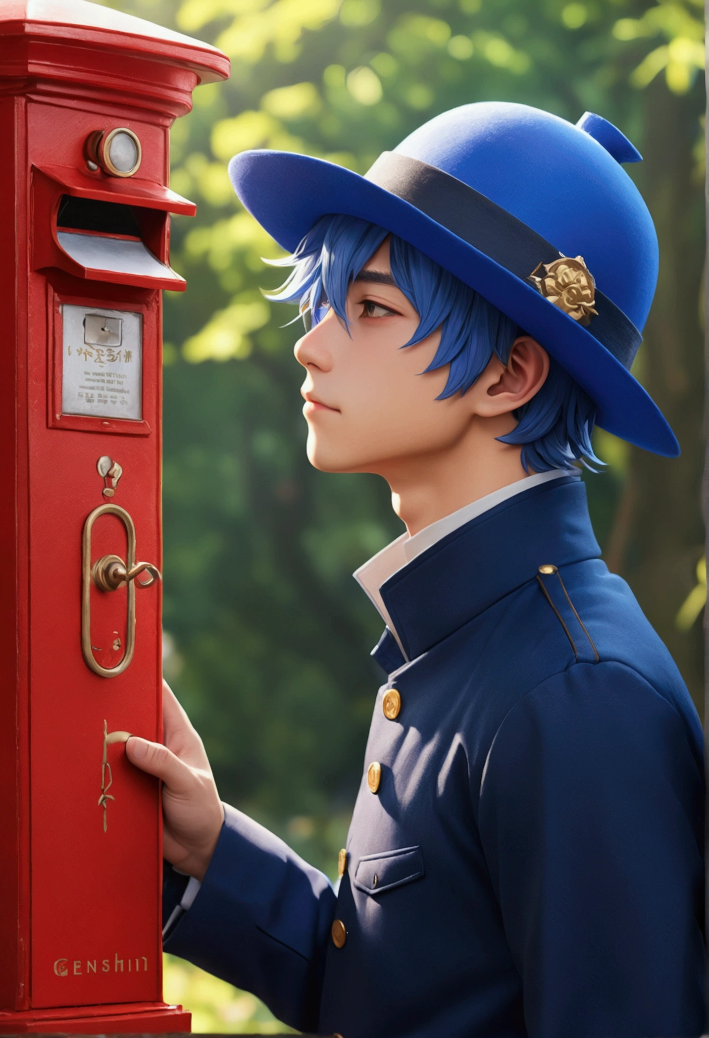 (masterpiece),(Highest quality:1.0), (Ultra-high resolution:1.0), Detailed illustrations, 8k, anime, masterpiece, He has a wide blue hat on his head, Detailed hat, Highest quality,(Unconventional persons:1.2), Letterbox, (Genshin Impact), One boy, Male Focus, alone, Best,(KBXLL-san:0.5), anime style, Vibrant