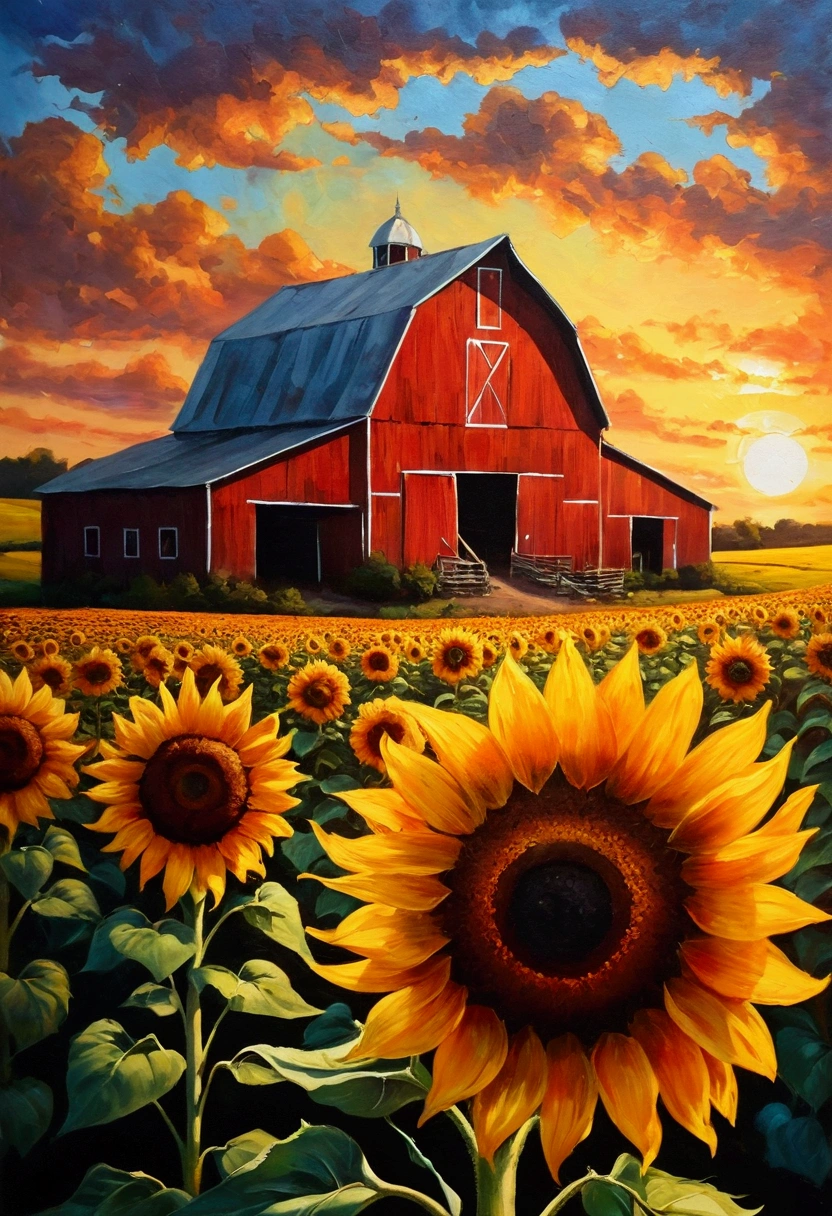 Farm sunflower oil painting.