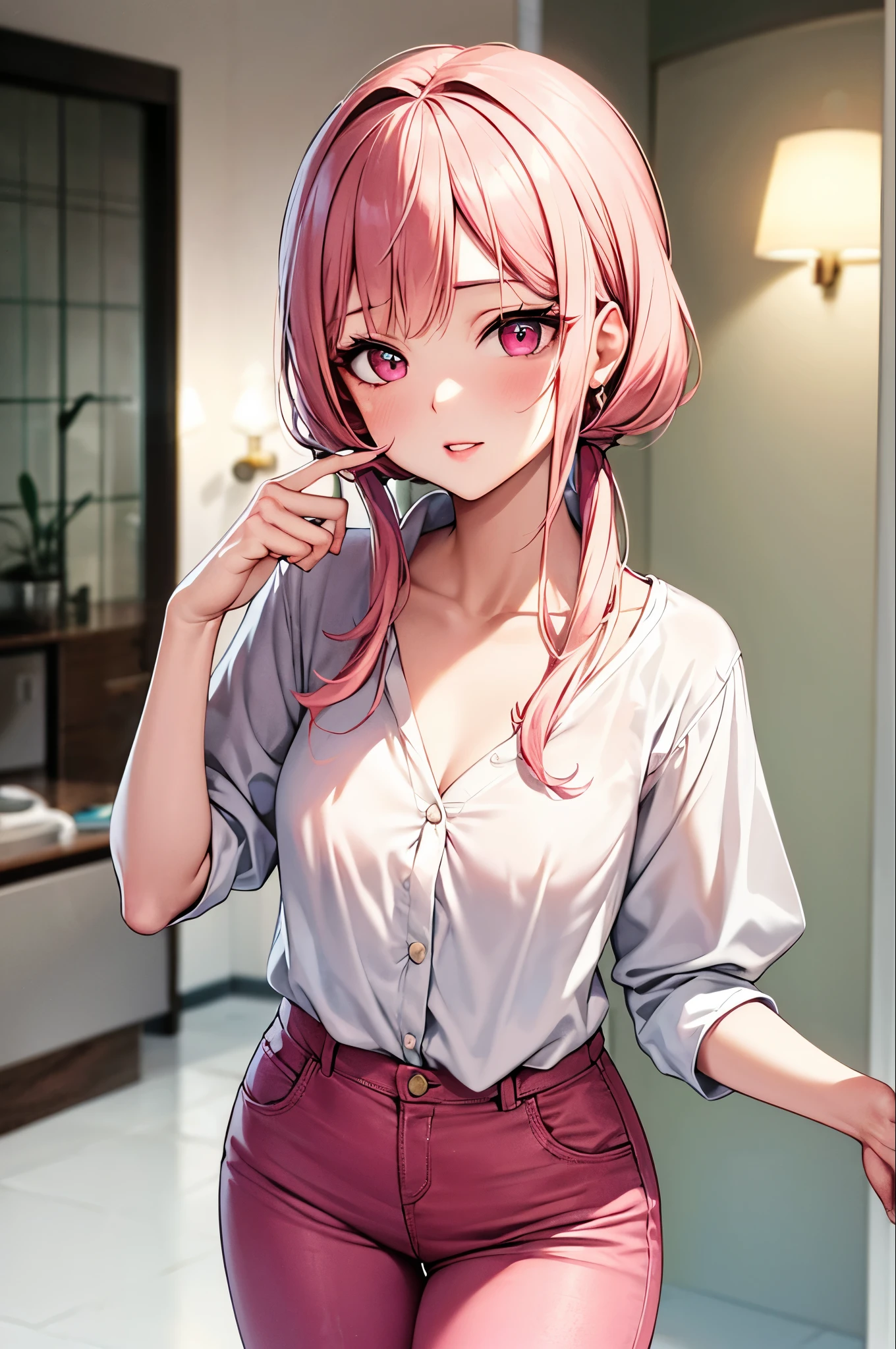 Gentle and attractive Chinese beauty, Half-body photo, Delicate and sexy collarbone, Attractive oval face, double eyelid, Bright pink eyes, Pink Lips, Small Nose, Exposing shoulders, Ultra-high resolution, Super Details, Elegant standing posture, Korean style puff sleeve square collar slim short shirt, Pair it with a high-waisted light-colored jeans suit.