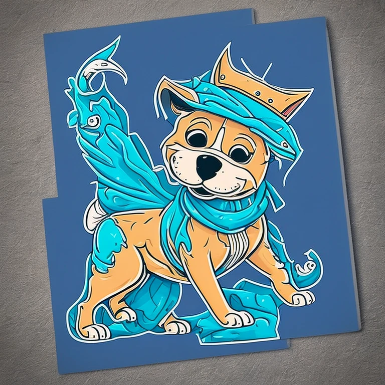 Dog illustration for a sticker with a blue background, in bold outline style, jagged edges, trashcore, light shading.
