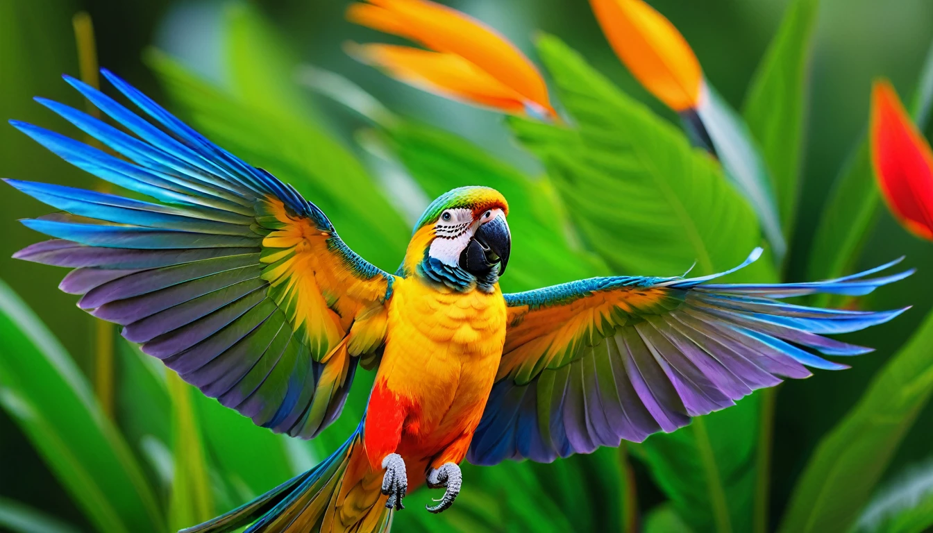 (best quality, 4k, 8k, alto, main part: 1.2), ultra-detalhado, (Realistic, photo-realistic, photo-realistic: 1.37), bright colors, clear lighting, Bird of Paradise, multi color parrot, passarinho, Ave, feather colors, green background, bright colors, many cores, detailed sharks, natural habitat, colorful plumage, vibrant lindament, Surprisingly vivid, unique patterns, Artistic portrait, feather patterns that blend together perfectly, translucent wings, dynamic poses, graceful movements, gracefully flowing hair, exuberant greenery, colorful flowers, panoramic background, harmonious atmosphere, serene ambiance, a charming spectacle, fascinating vision, breathtaking images,