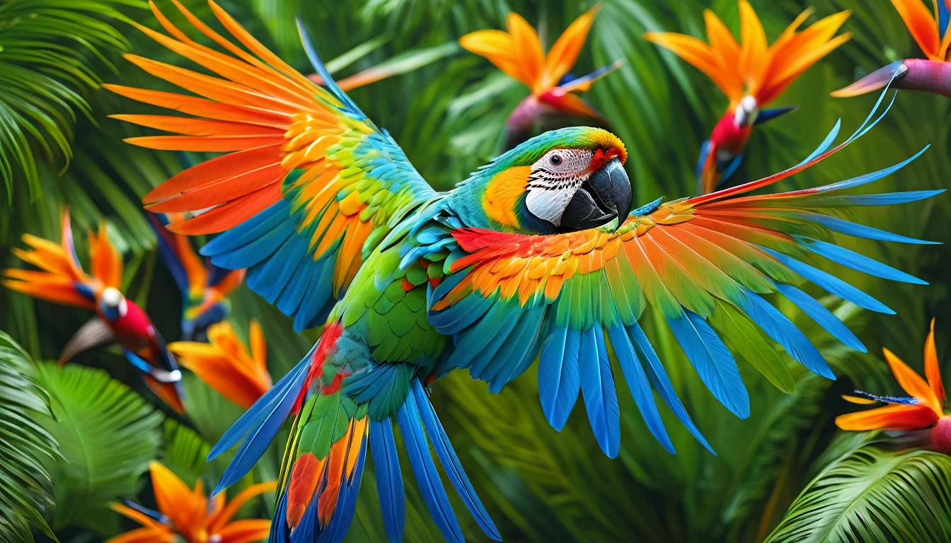 (best quality, 4k, 8k, alto, main part: 1.2), ultra-detalhado, (Realistic, photo-realistic, photo-realistic: 1.37), bright colors, clear lighting, Bird of Paradise, multi color parrot, passarinho, Ave, feather colors, green background, bright colors, many cores, detailed sharks, natural habitat, colorful plumage, vibrant lindament, Surprisingly vivid, unique patterns, Artistic portrait, feather patterns that blend together perfectly, translucent wings, dynamic poses, graceful movements, gracefully flowing hair, exuberant greenery, colorful flowers, panoramic background, harmonious atmosphere, serene ambiance, a charming spectacle, fascinating vision, breathtaking images,