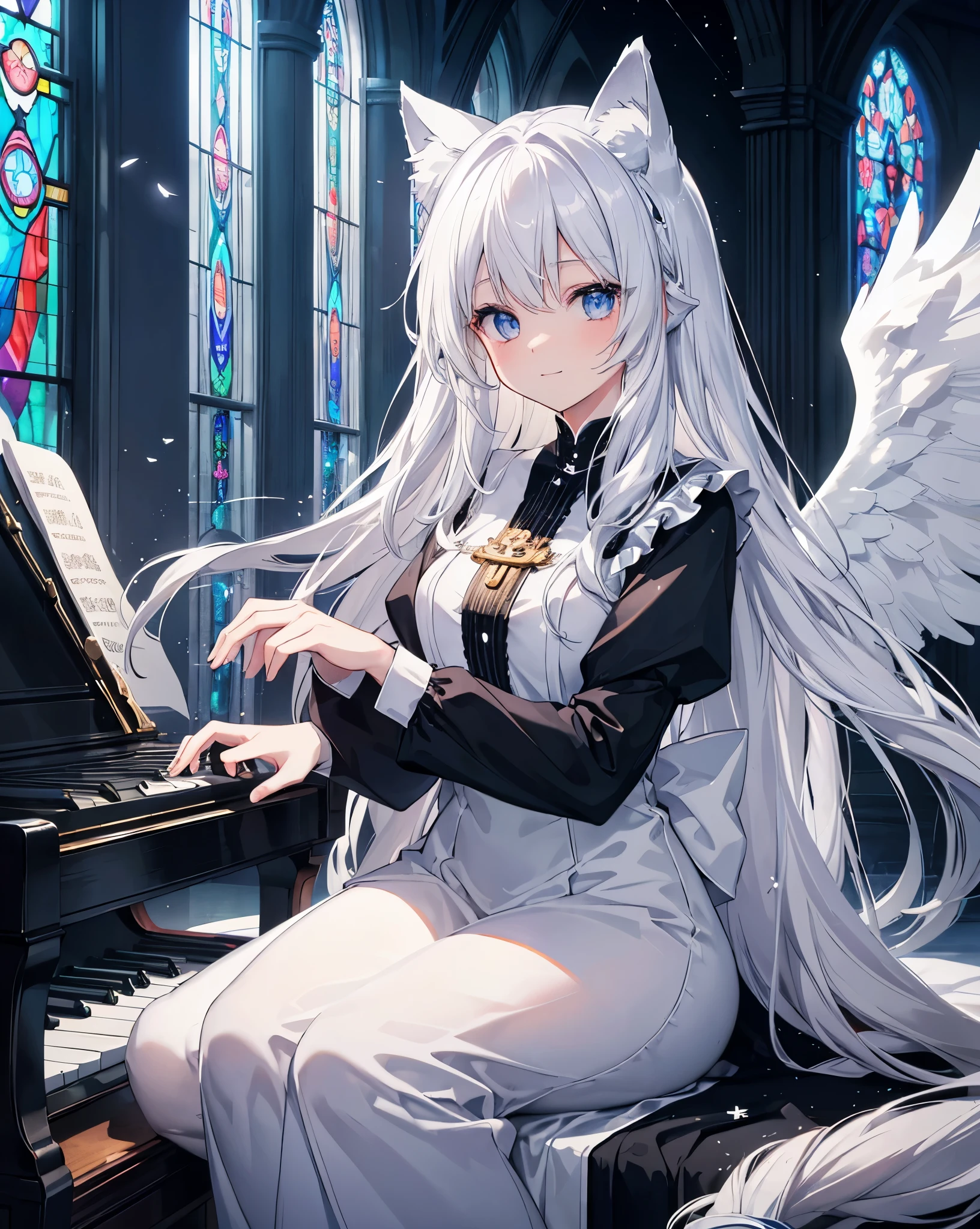 Very long hair、Silver Hair、Detailed sparkly eyes、Blue eyes、Three pairs of angel wings、Embarrassing、Nervous smile、shine、reflected light、Film Grain、masterpiece、Textured Skin、Super Detail、High Detail、high quality、最high quality、High Resolution、16K、shine、Monastic Clothes、Nuns、church、Stained glass. ((neko ears)), ((silver fox tail)), she's playing the piano while lots of white and black feather are falling from the sky. HDR, lots of light effects and lightflare.
