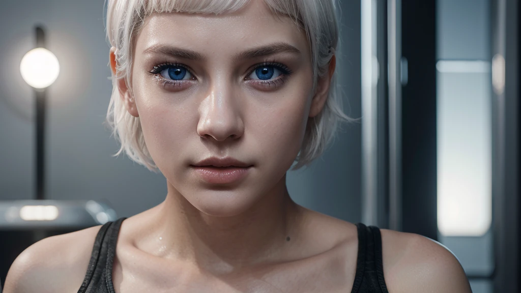 Young girl, white short hair, blue eyes, full lips, highly realistic, Excellent rendering, 4k realistic eyes, realistic face, symmetrical head ai cyberpunk