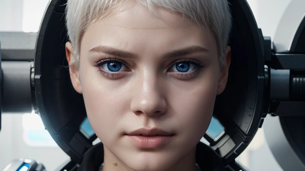 Young girl, white short hair, blue eyes, full lips, highly realistic, Excellent rendering, 4k realistic eyes, realistic face, symmetrical head ai cyberpunk
