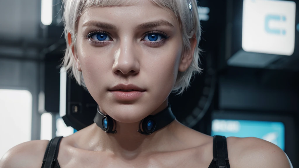 Young girl, white short hair, blue eyes, full lips, highly realistic, Excellent rendering, 4k realistic eyes, realistic face, symmetrical head ai cyberpunk