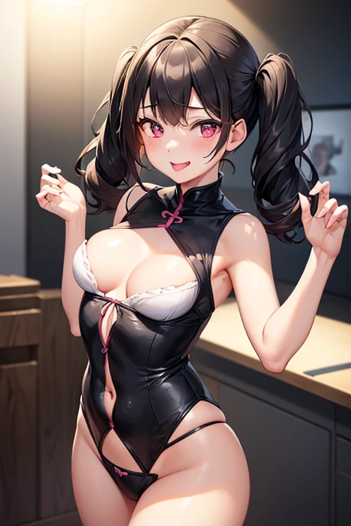 1girl, medium length black hair, twin tails, wavy hair, pink eyes, mischievous expression, mischievous girl, , body, small breasts, tongue out, long cute tongue, smiling, sweating, sexy panties, best quality, 4k, 8k, highres, masterpiece:1.2, ultra-detailed, realistic, photorealistic:1.37, HDR, UHD, studio lighting, ultra-fine painting, sharp focus, physically-based rendering, extreme detail description, professional, vivid colors, bokeh, anime, kawaii、セーラー服