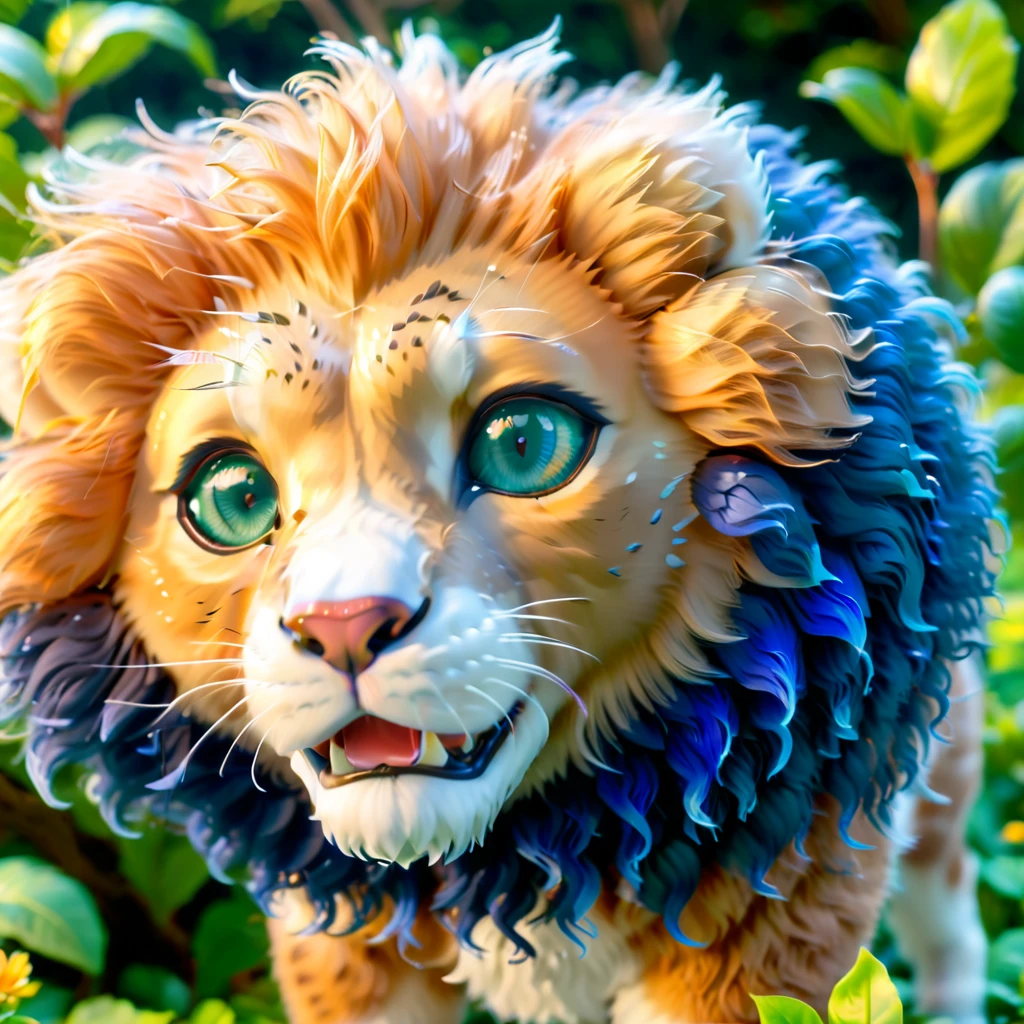 Create a close-up image of an adorable, fluffylion with large, expressive black eyes. The lion has a small, orange beak and is covered in soft, detailed blue feathers, giving it a cute and cuddly appearance. The setting is a lush, natural environment with various green plants and leaves, blurred in the background to emphasize the bird as the focal point. The lighting is soft and natural, creating a warm and inviting atmosphere. The overall composition should evoke a sense of wonder and charm, capturing the essence of this tiny, endearing creature in its natural habitat.