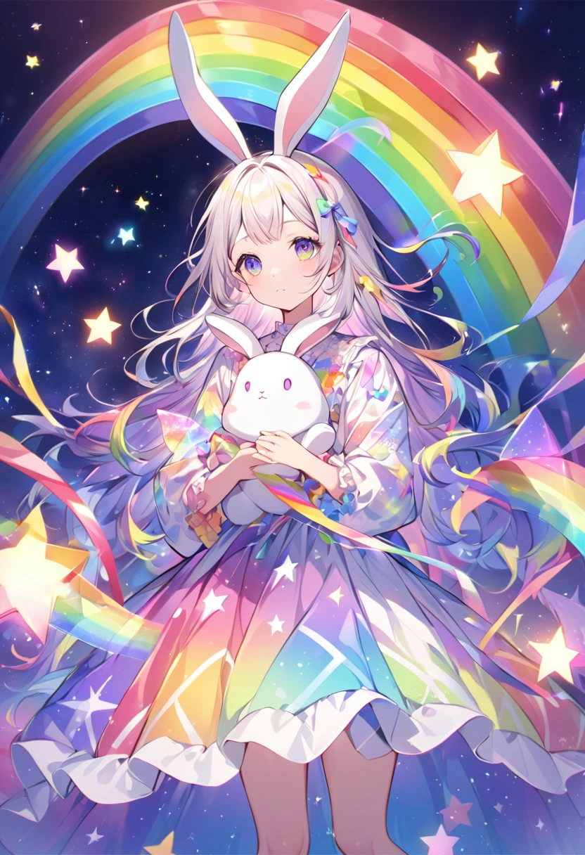 "Create an illustration of a mysterious character holding a white rabbit, She has light-colored hair with ribbons that look like rabbit ears... Letters glow, A rainbow-colored blouse that reflects a variety of colors. The background must be a celestial object, The starry sky transforms into a vibrant rainbow spectrum, Creates a mysterious and magical atmosphere."
