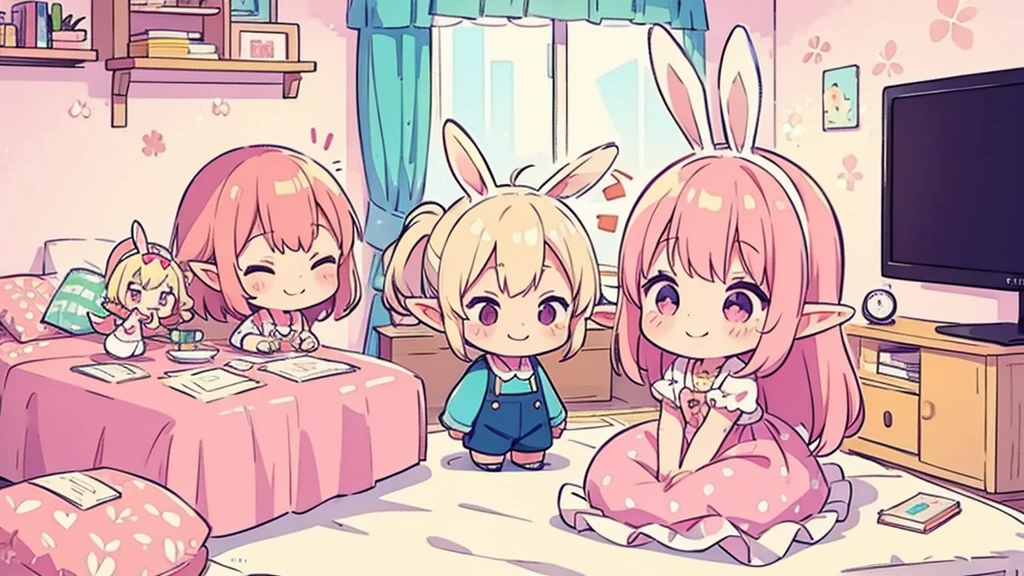 Bunny ears、Chibi Girl Elf、Pink and pop room、 smile