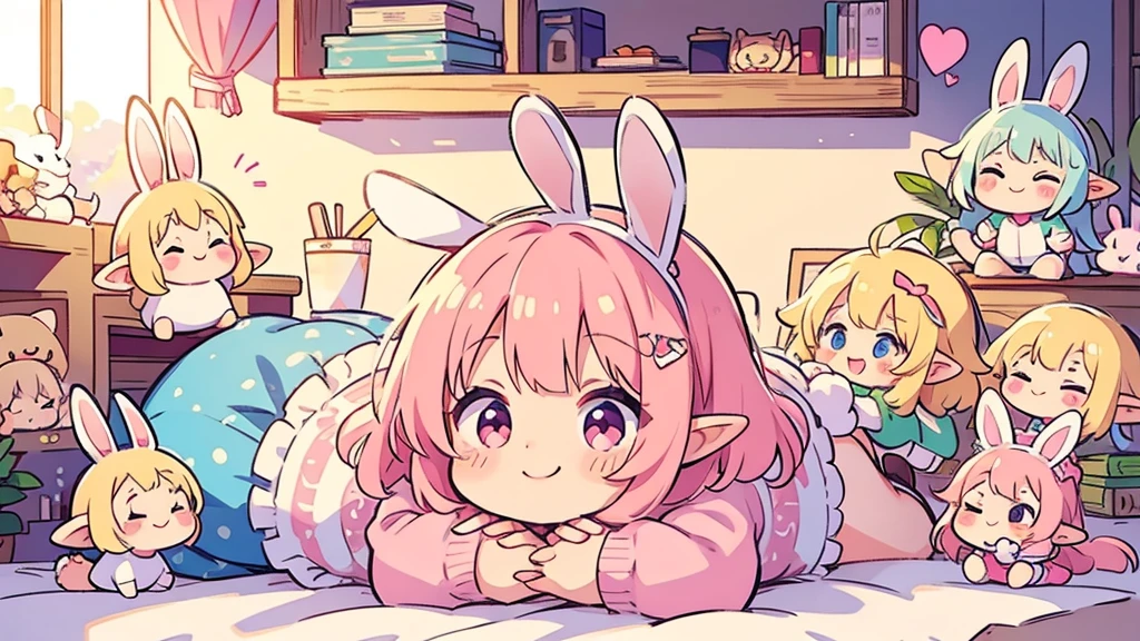 Bunny ears、Chibi Girl Elf、Pink and pop room、 smile
