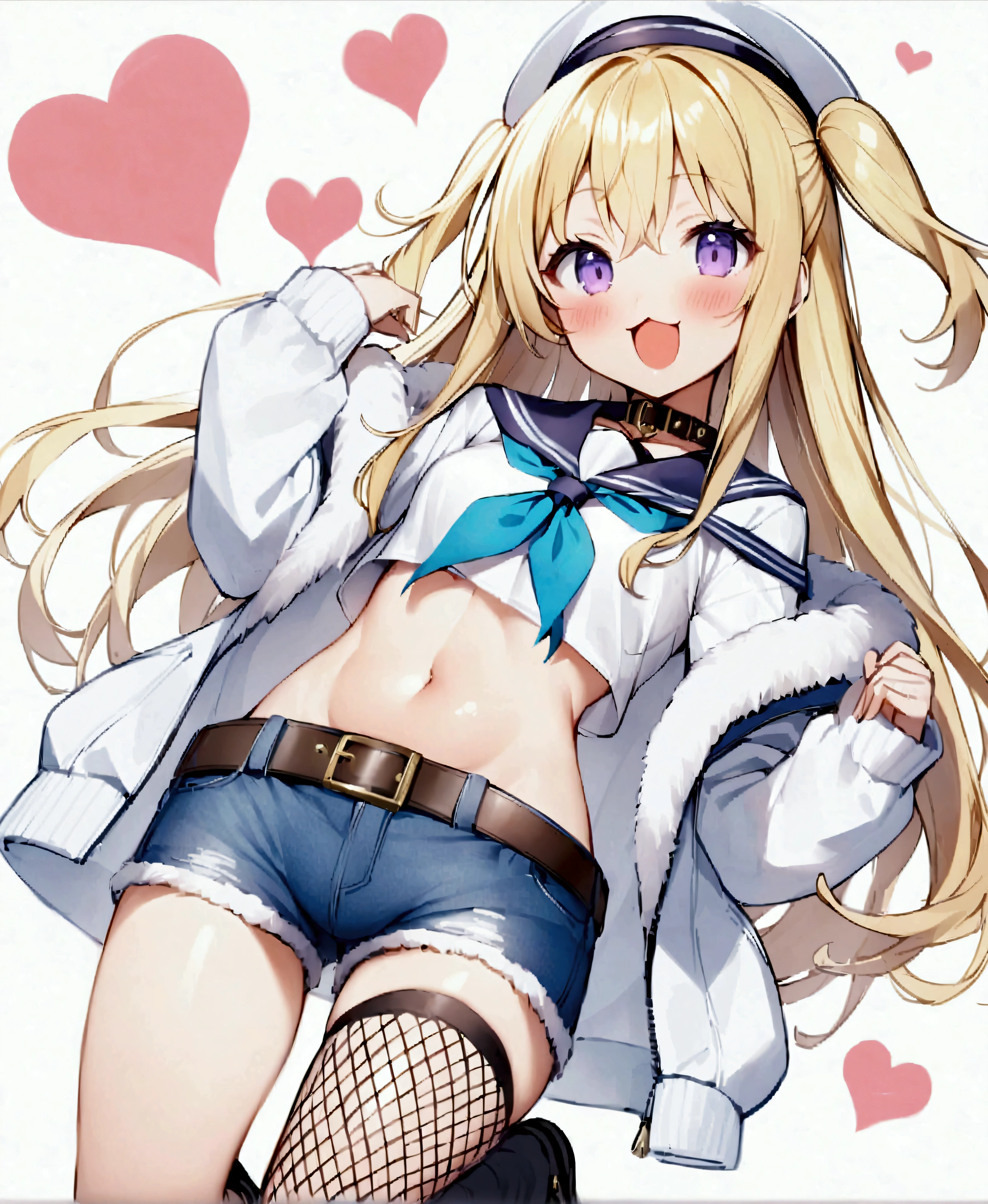 One girl、Jacket、solo、Purple Eyes、Shorts、Blonde Hair、マイクロShorts、黄色のJacket、belly button、heart、Fishnet tightsのKnee socks、Long Hair、Fishnet tights、Open Mouth、Knee socks、hat、tooth、Two Side Up、Fur trim、Open Fly、belt、:3、言葉のheart、smile、abdomen、Fur trimのJacket、denim、blush、黄色のneckerchief、Open shorts、Off the shoulder、denimShorts、:d、Sailor collar、黒のshirt、neckerchief、shirt、cut off、Shoulder Bare、Crop top、黒のShorts、シングルKnee socks、黒のSailor collar、Open clothes、黒のhat、Small breasts、Shorts、Sailor Hat、Buttocks visible from thighs、開いたJacket、collar