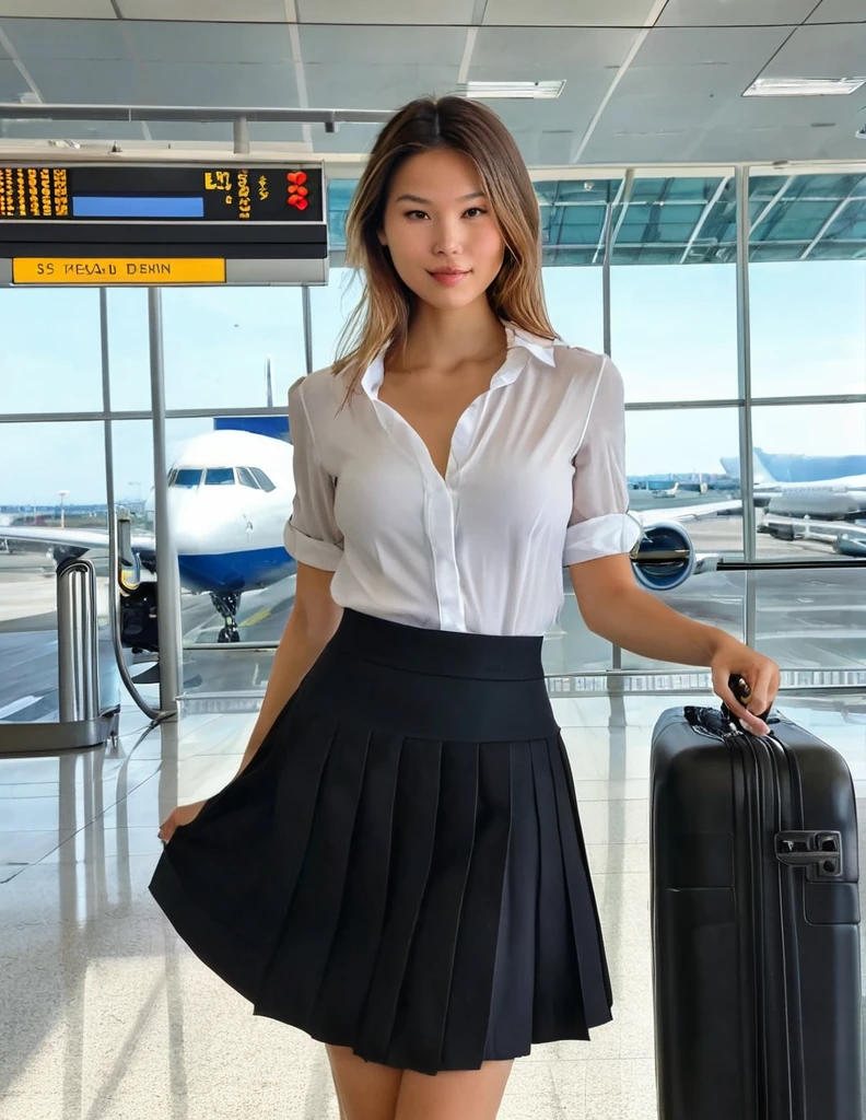 Full body shooting, a beautiful 19 year old woman, amoureux du spectateur, Detailed face and eyes , natural lighting , forme du corps sexy, mediuml breasts, at the airport on departure, wearing a black skirt and white blouse, strike a creative and playful pose similar to that of'A model, close-up view, long red hair, grain de film, visage naturel, blue eye, cernes sous les yeux. ((extreme detail)), (ultra-detailed), best quality, ultra haute résolution, (8k, photo brute, head of'artwork, realistic, photorealistic:1.4), 8k uh, DSLR, absurdists, Laser trace, Texture de haute qualité, intricate details, Detailed texture, finely detailedundefined, undefined,