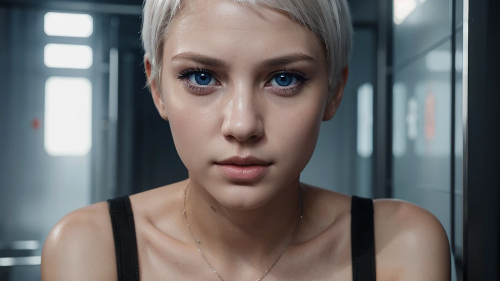 Young girl, white short hair, blue eyes, full lips, highly realistic, Excellent rendering, 4k realistic eyes, realistic face, symmetrical head ai cyberpunk