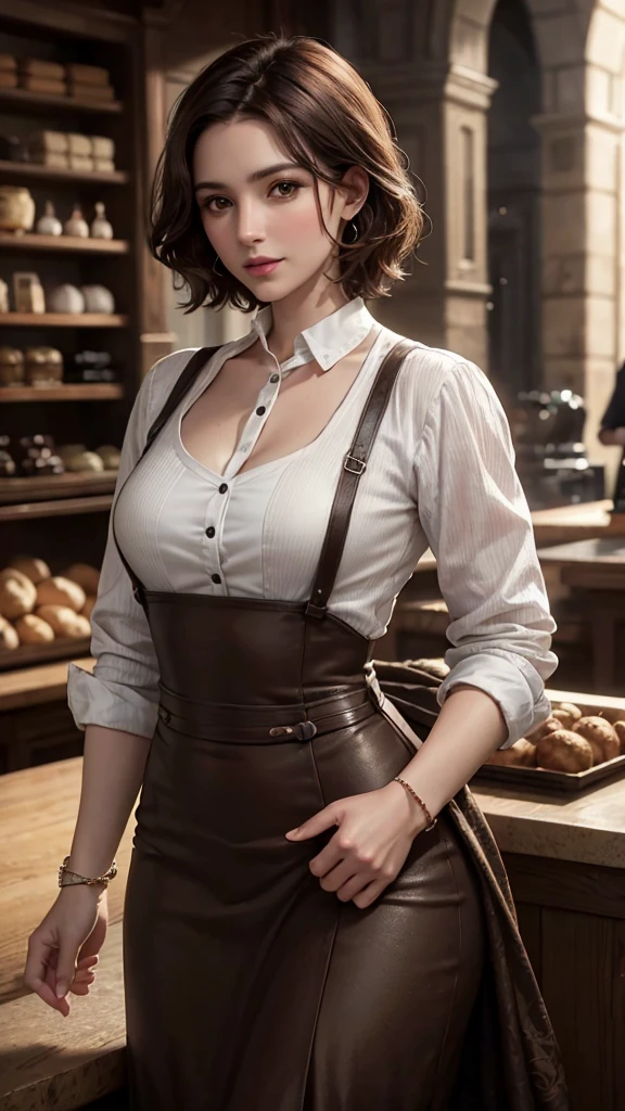 a 35 year old woman, beautiful and intelligent, managing a store, wearing practical work clothes without jewelry, short brown hair, medieval era, detailed face and eyes, photorealistic, 8k, high quality, realistic lighting, warm color tones, intricate details