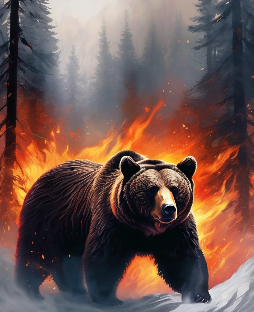 A breathtaking digital illustration captures the mesmerizing moment when a bear merges perfectly with the enchanting forest full of flames and smoke. The bear's piercing eyes emit an intense, almost supernatural, angry glow, while its mane blends harmoniously with koumae. The background is a white canvas with a striking contrast between the transformation of the angry bear and the flames consuming the forest. The surreal and mystical atmosphere evoked by this captivating scene blurs the line between reality and fantasy, leaving the viewer in awe of the bear's mesmerizing metamorphosis.
