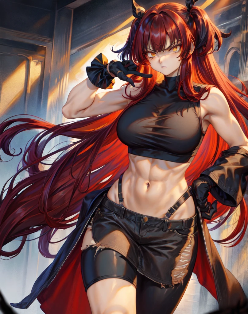 masterpiece, best quality 1girl, solo, beautiful woman, messy bangs, red hair, long hair, hair two side up by black bows , yellow eyes, angry, large breasts, toned stomach, white tank top, long black coat, figureless black gloves, black pants, fantasy looking at viewer,
