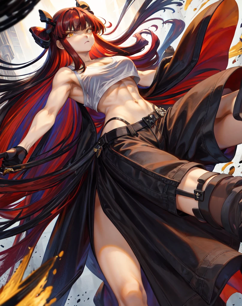 masterpiece, best quality 1girl, solo, beautiful woman, messy bangs, red hair, long hair, hair two side up by black bows , yellow eyes, angry, large breasts, toned stomach, white tank top, long black coat, figureless black gloves, black pants, fantasy looking at viewer,
