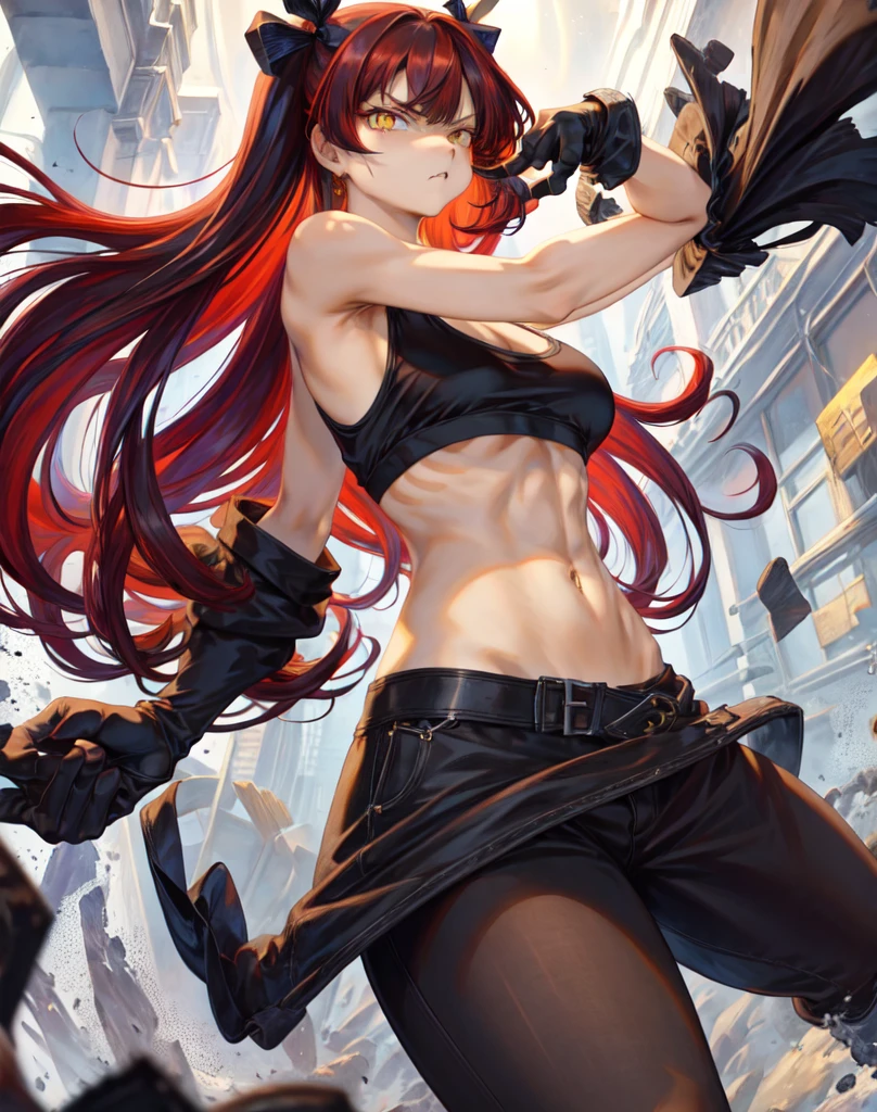 masterpiece, best quality 1girl, solo, beautiful woman, messy bangs, red hair, long hair, hair two side up by black bows , yellow eyes, angry, large breasts, toned stomach, white tank top, long black coat, figureless black gloves, black pants, fantasy looking at viewer,